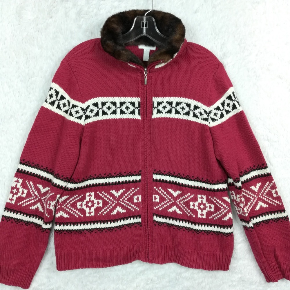 Charter Club Womens Sweater Nordic Angora Rabbit Hair Red Full Zip Knit XL